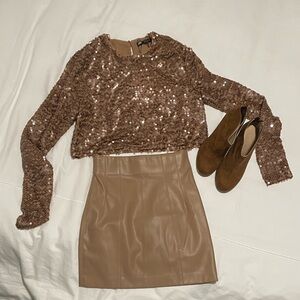 Brown Sequin Crop Top and Tan Skirt Set